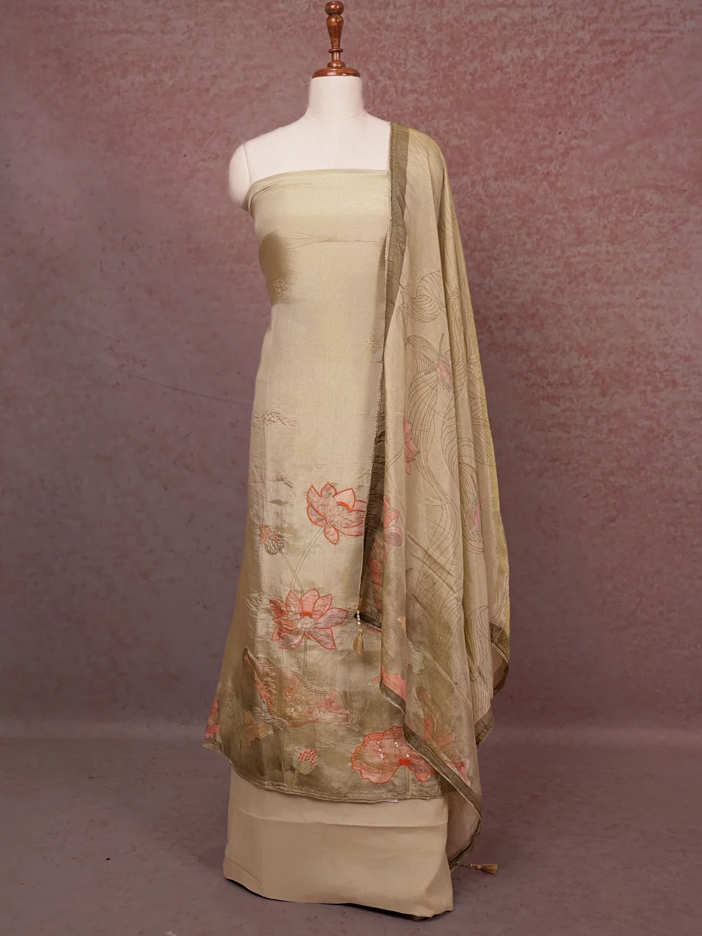 Gold Tissue Applic Work Unstitched Churidhar Material