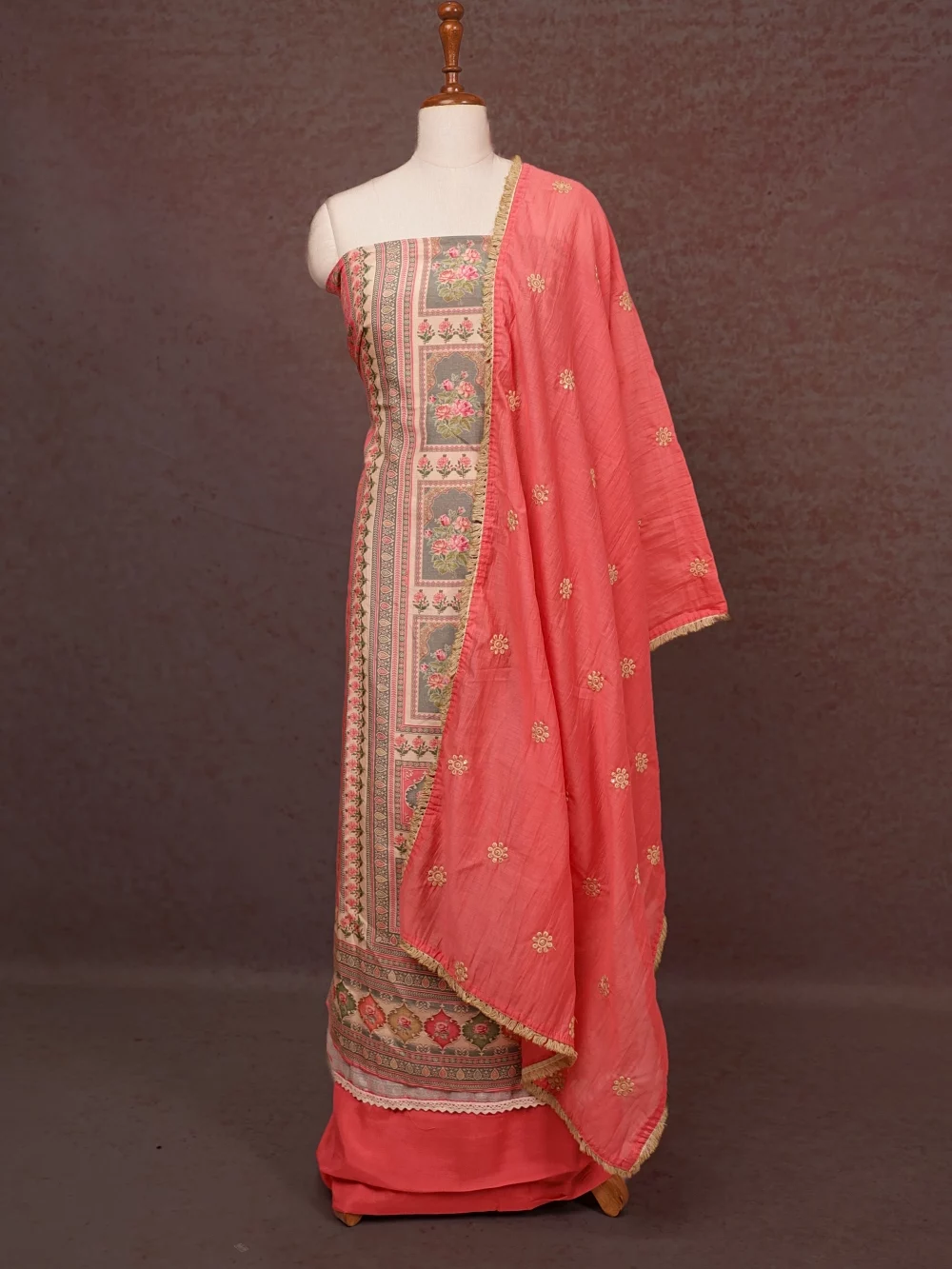 Peach Mascline Printed Unstitched Churidhar Material