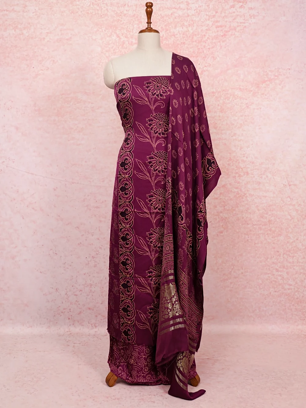 Purple Modal Silk Printed Unstitched Churidhar Material