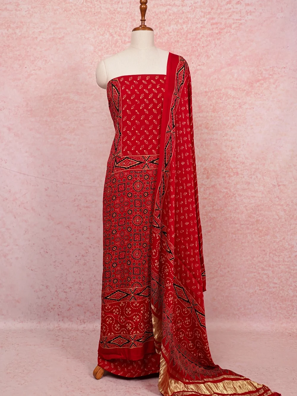 Red Modal Silk Printed Unstitched Churidhar Material