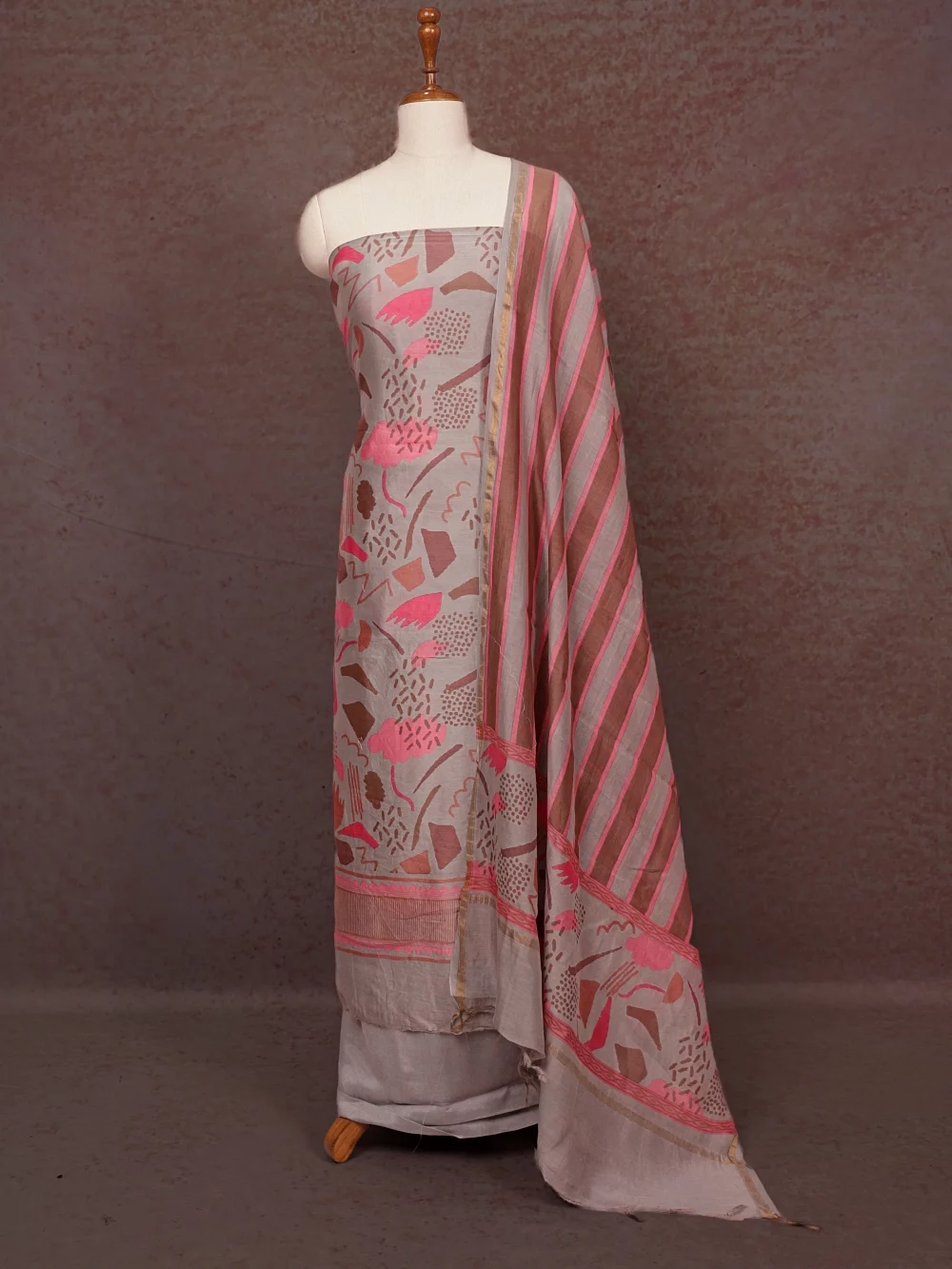 Light Grey Chanderi Printed Unstitched Churidhar Material