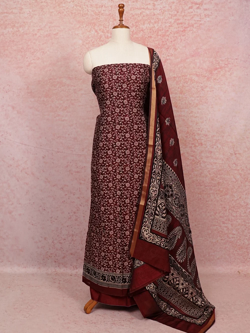 Maroon Chanderi Printed Unstitched Churidhar Material