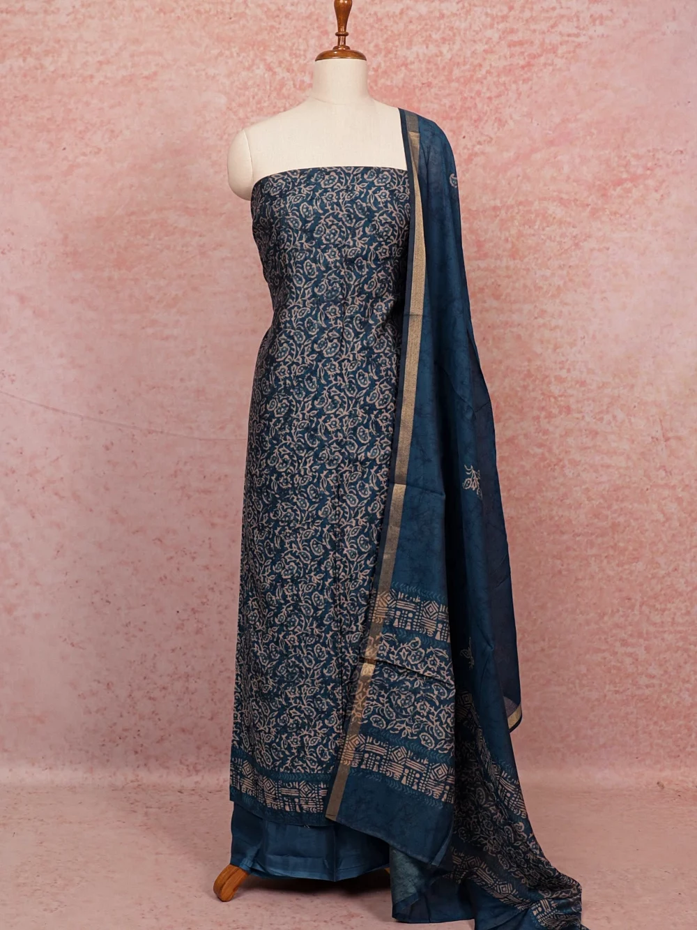 Blue Semi Silk Printed Unstitched Churidhar Material