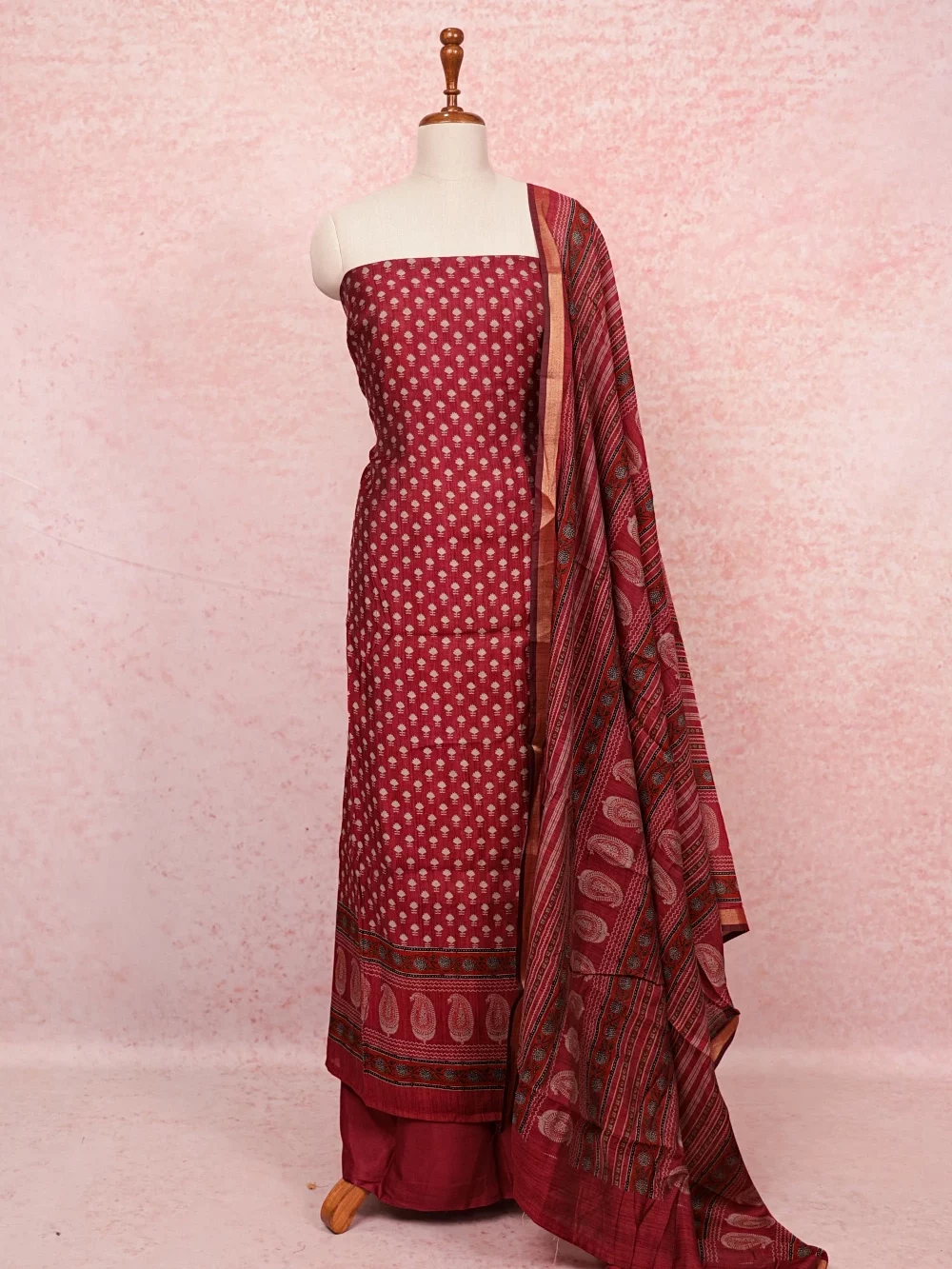 Maroon Chanderi Printed Unstitched Churidhar Material