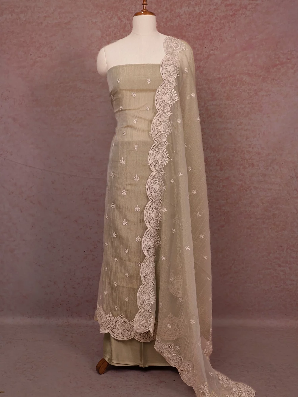 Pastel Green Crush Silk Embroidery Unstitched Churidhar Material