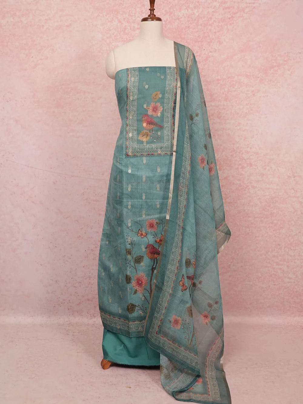 Sapphire Green Kota Printed Unstitched Churidhar Material