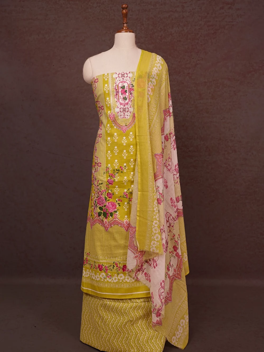 Yellow Cotton Printed Unstitched Churidhar Material