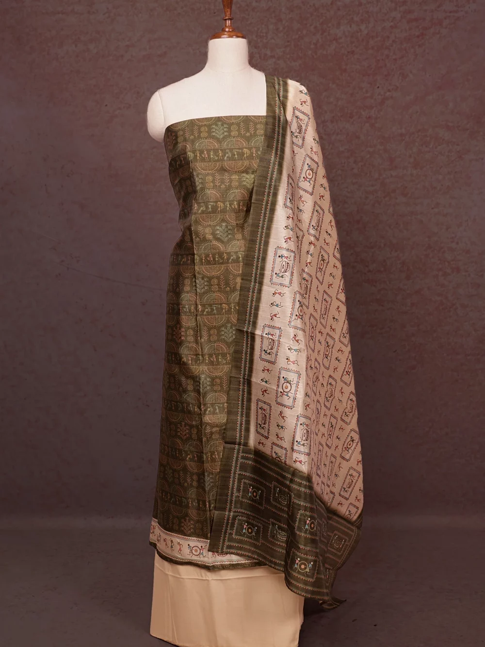 Moss Green Semi Tussar Printed Unstitched Churidhar Material