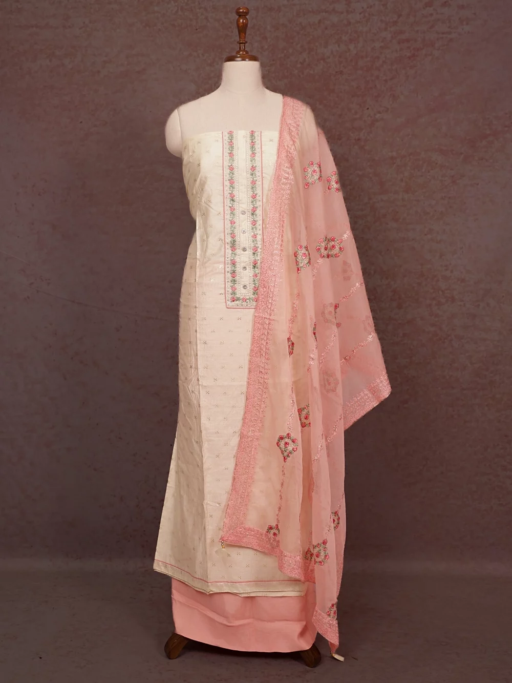 Cream Chanderi Silk Embroidery Unstitched Churidhar Material