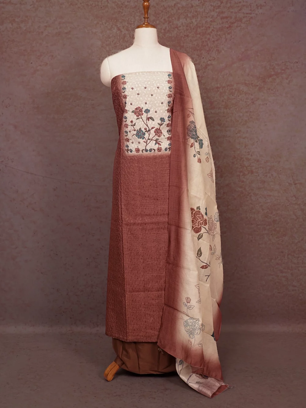 Brown Semi Silk Hakoba Work Unstitched Churidhar Material