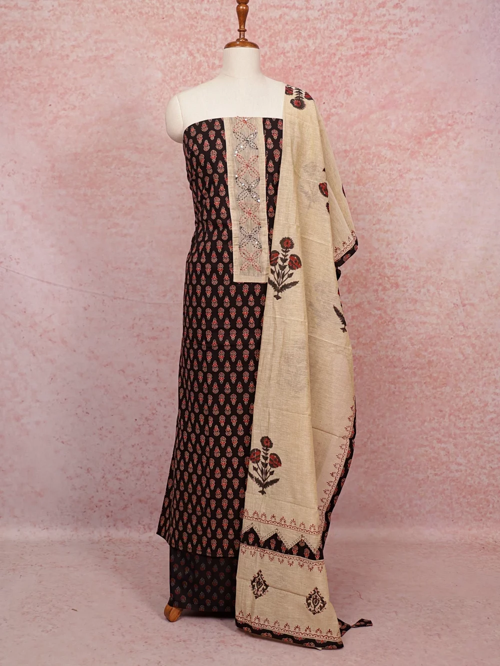 Black Cotton Printed Unstitched Churidhar Material