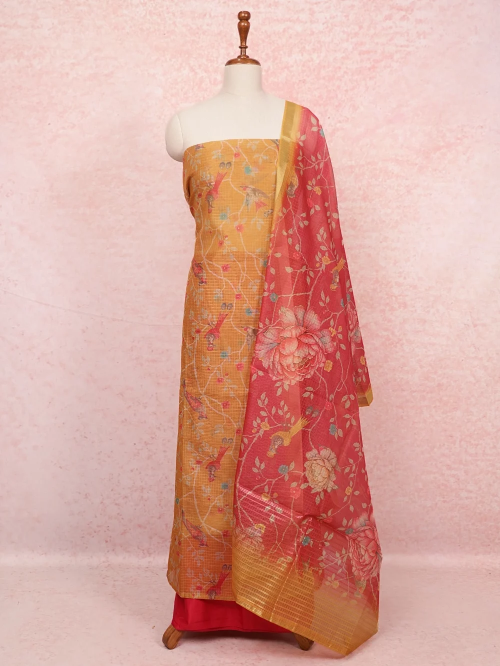 Mustard Yellow Kota Printed Unstitched Churidhar Material