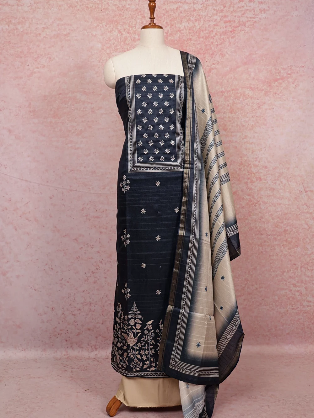 Blue Chanderi Printed Unstitched Churidhar Material