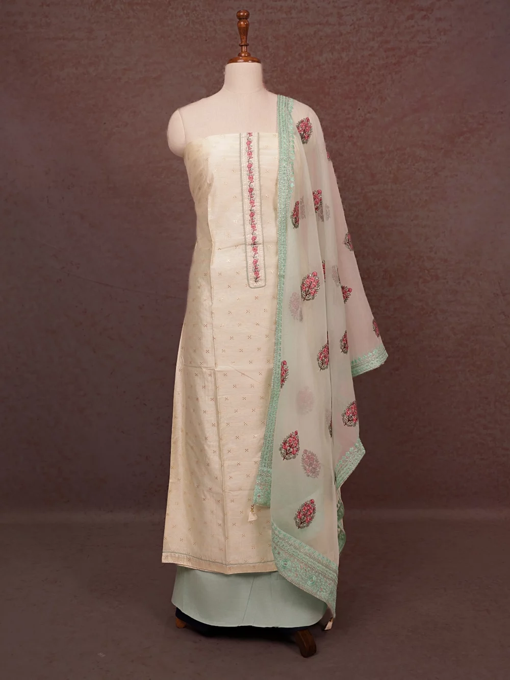 Cream Chanderi Silk Embroidery Unstitched Churidhar Material