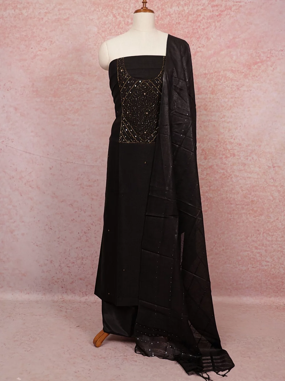 Black Vichitra Silk Beads Work Unstitched Churidhar Material