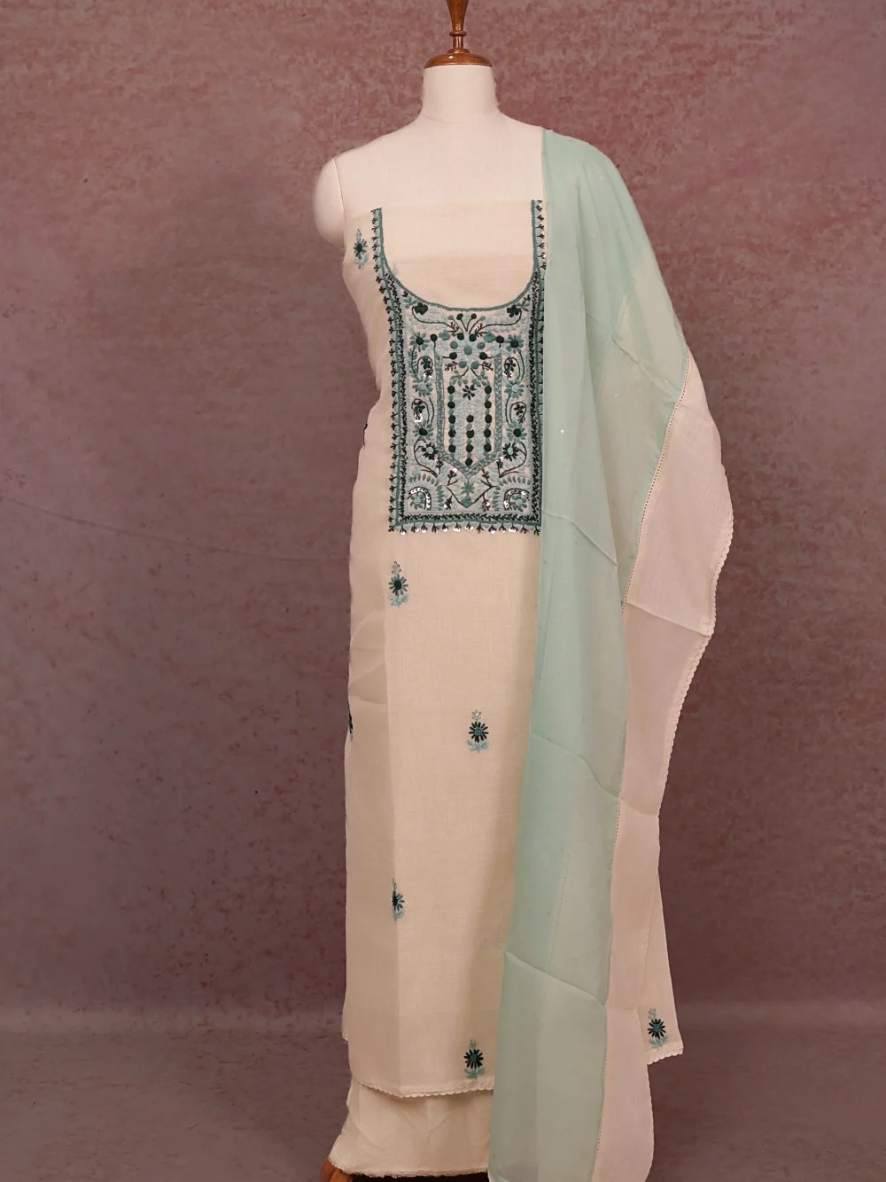 Cream Cotton Embroidery Unstitched Churidhar Material
