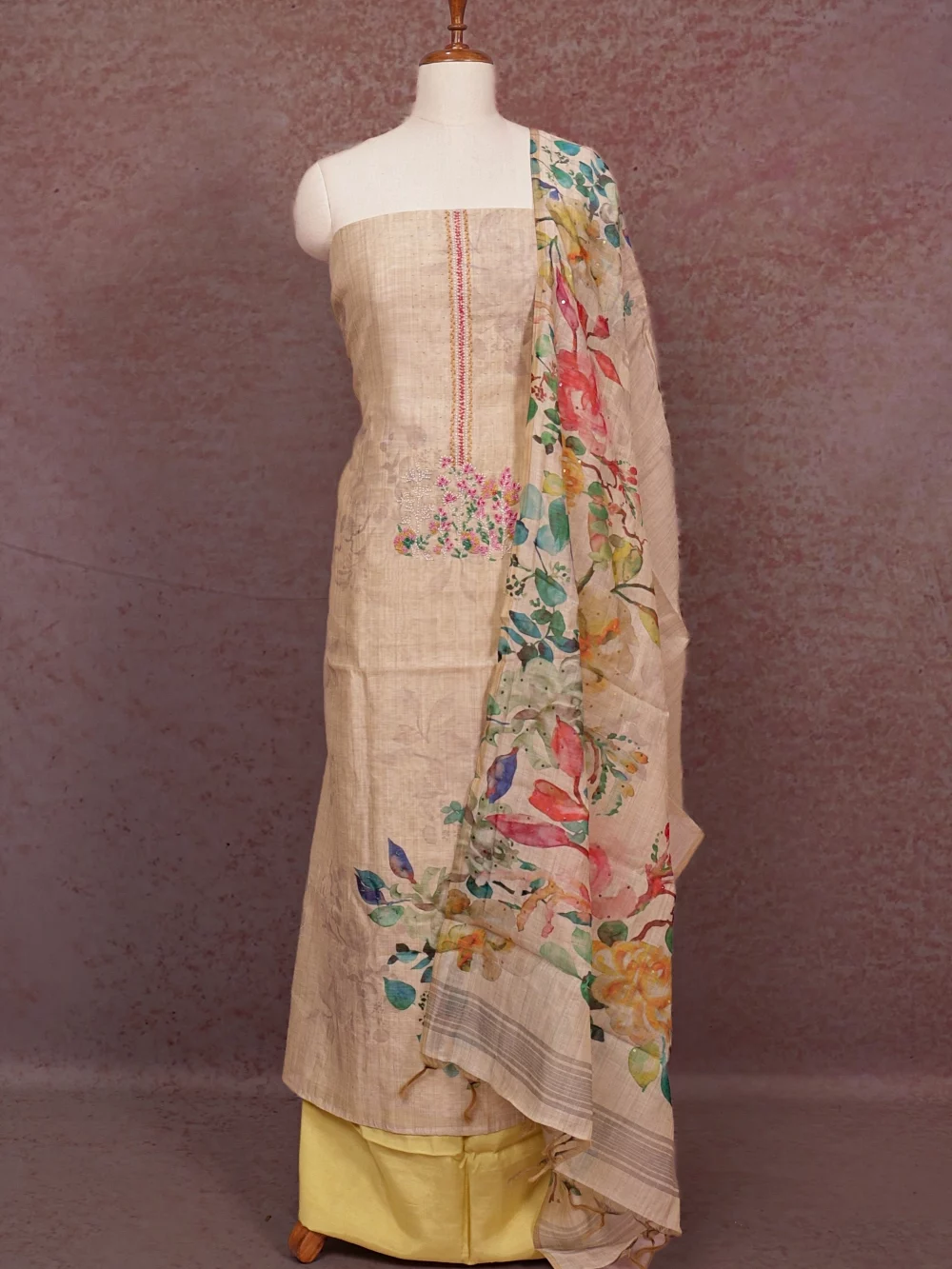 Cream Chanderi Beads Work Unstitched Churidhar Material