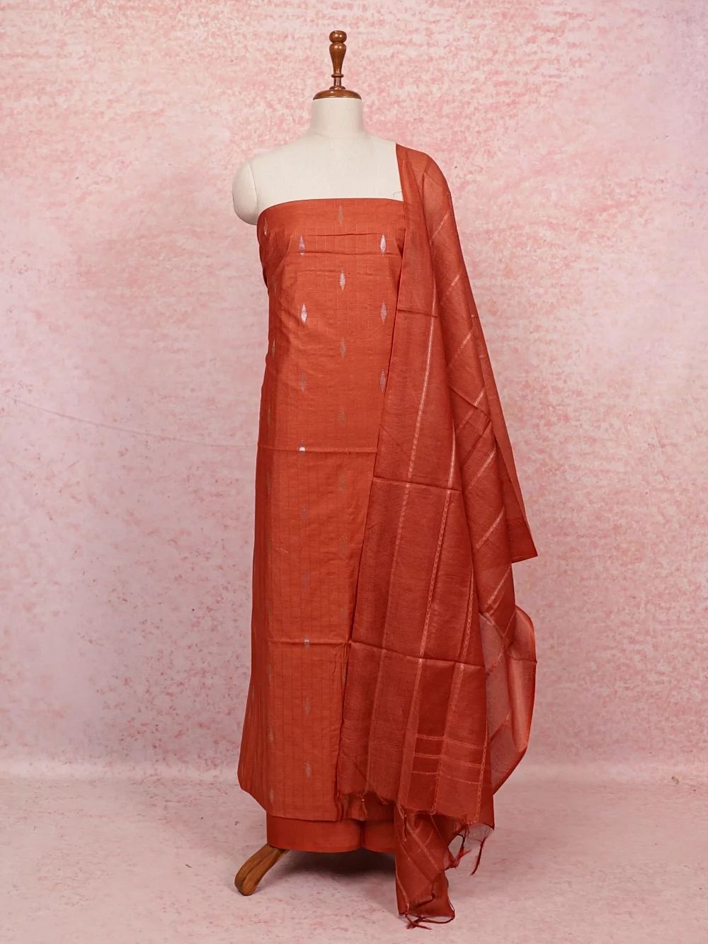 Burnt Orange Semi Tussar Zari Butta Unstitched Churidhar Material