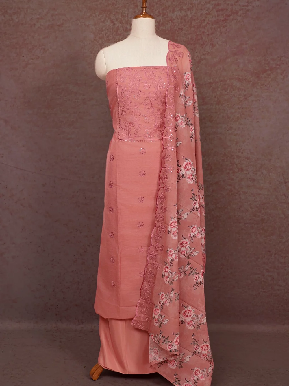 Peach Semi Silk Embroidery Unstitched Churidhar Material