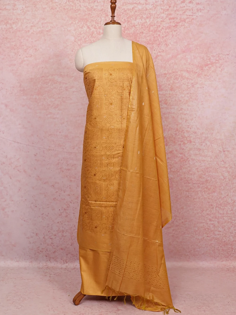 Mustard Yellow Semi Tussar Embroidery Unstitched Churidhar Material