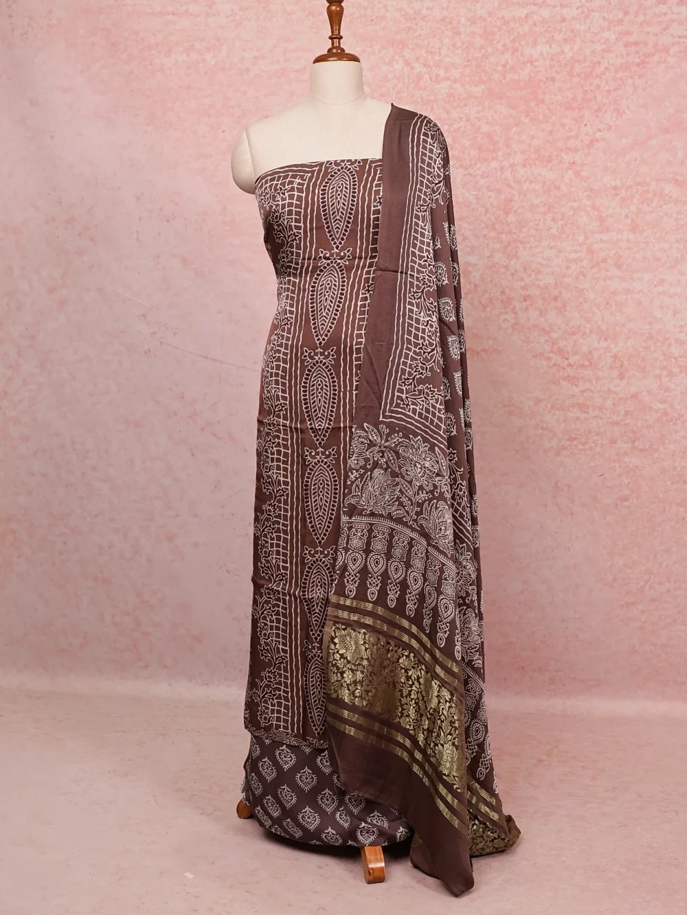 Coffee Brown Modal Silk Printed Unstitched Churidhar Material