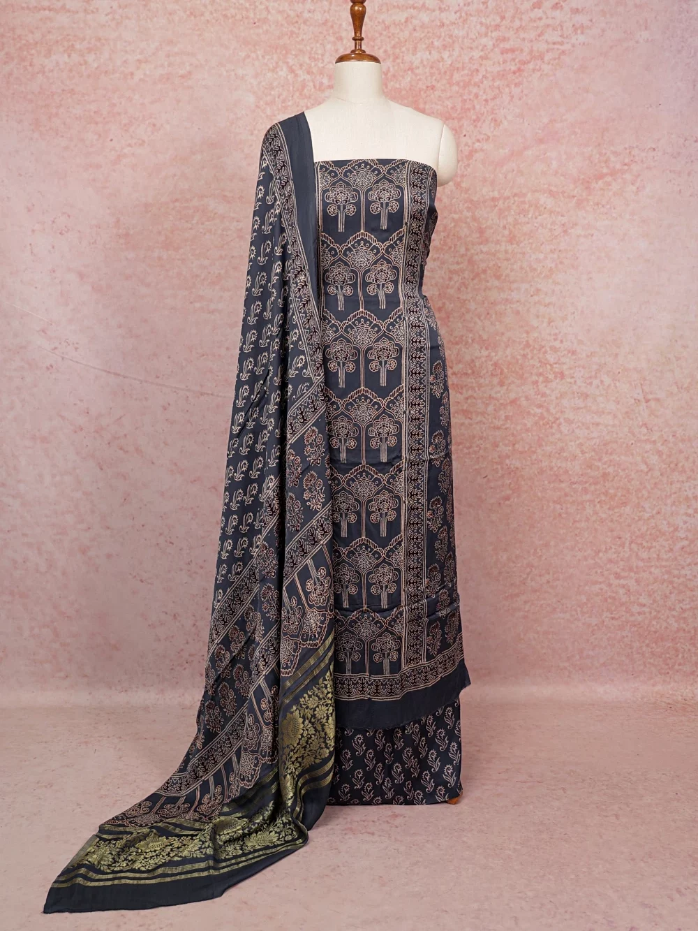 Dark Grey Modal Silk Printed Unstitched Churidhar Material