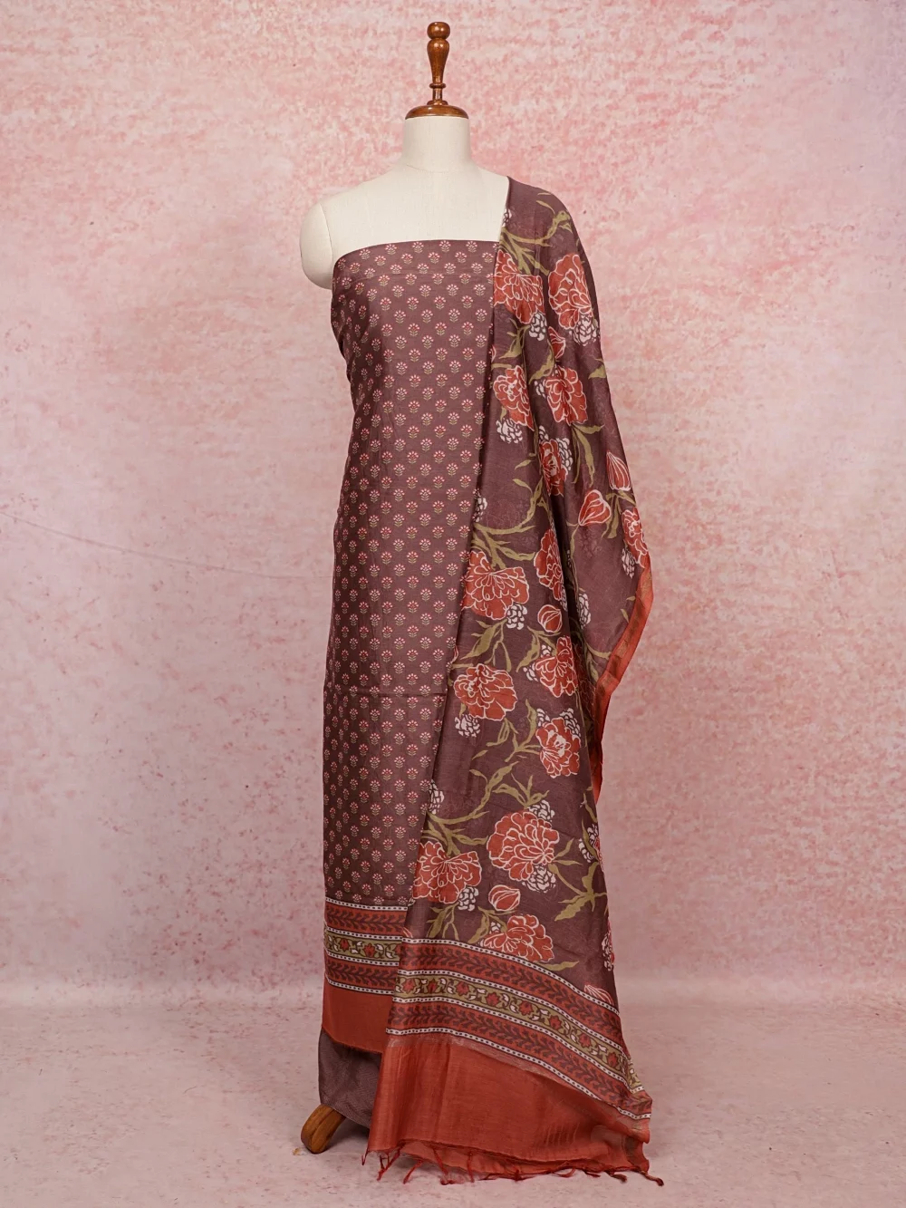 Brown Chanderi  Printed Unstitched Churidhar Material