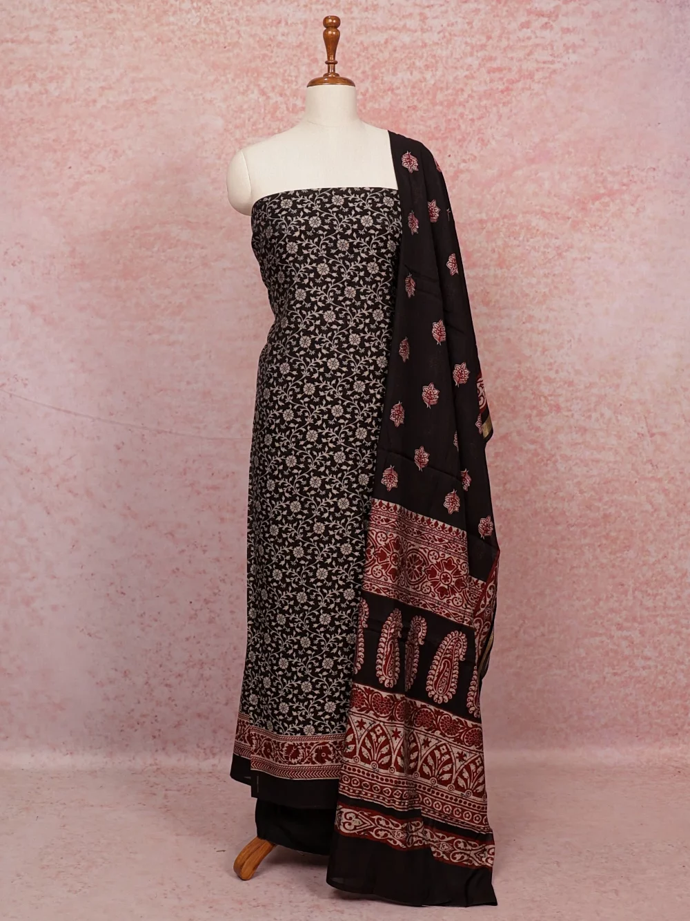 Black Chanderi Printed Unstitched Churidhar Material