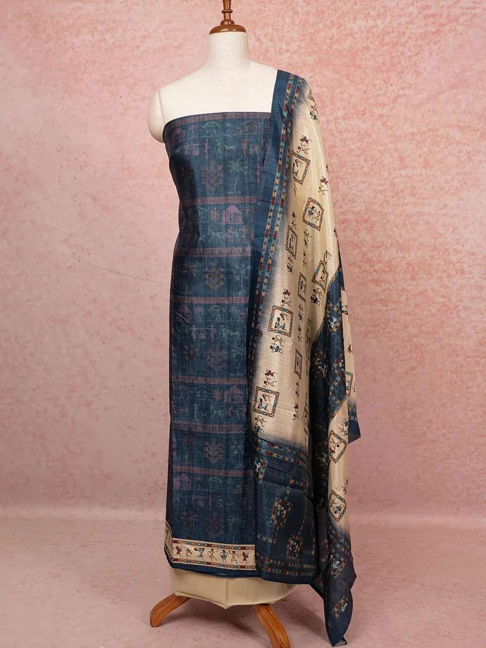 Peacock Blue Semi Tussar Printed Unstitched Churidhar Material
