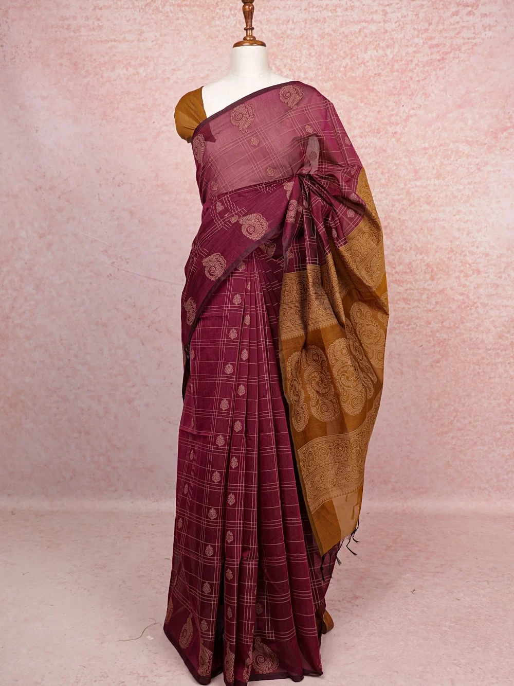 Wine Cotton Saree
