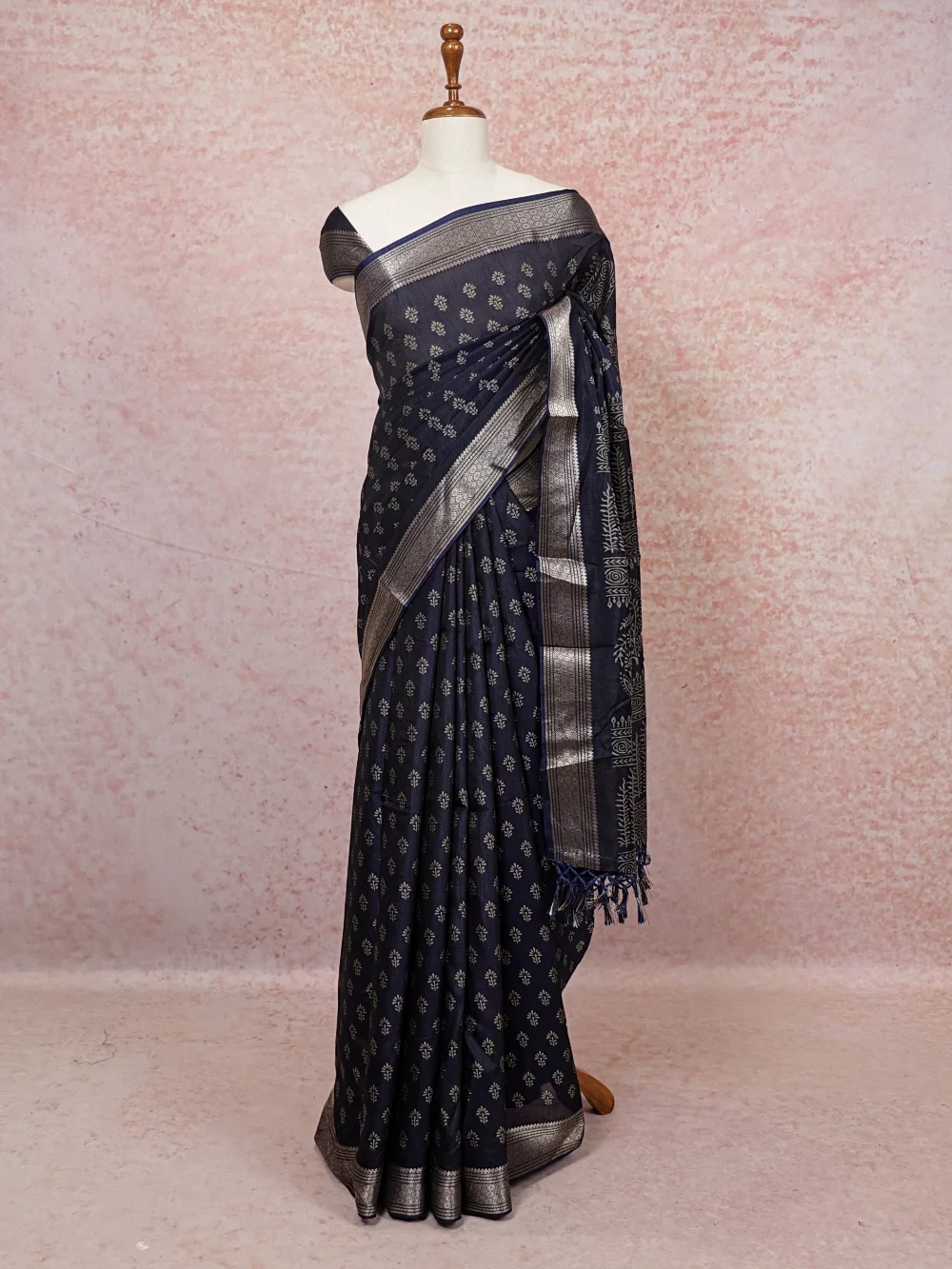 Navy Blue Semi Tussar Saree